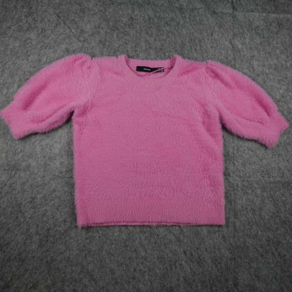 Vero Moda Sweater Women Medium Pink Fuzzy Eyelash Knit Puff Sleeve Crew Neck